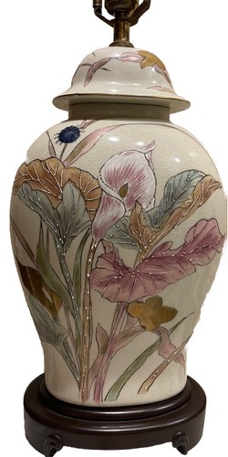 Vintage Floral Ginger Jar Hand Painted Table Lamp MCM Hollywood Regency Unique - Picture 4 of 13