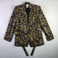 VINTAGE Evan Picone Womens Floral Blazer Size 10 Black Green Gold Rayon Jacket
