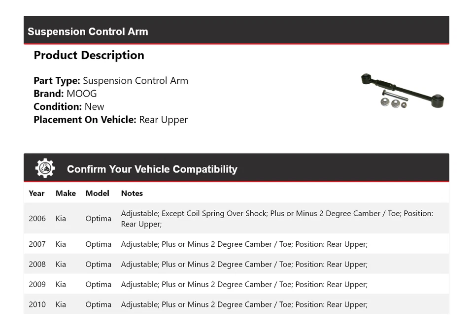 Braço de controle de suspensão traseiro superior MOOG 2006 2007 2008 para 2006-2010 Kia Optima - Imagem 2 de 4