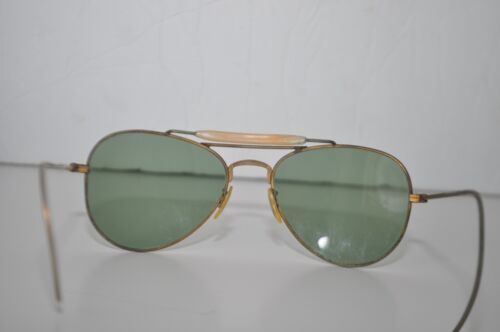 Gafas de sol vintage de piloto aviador de la Segunda Guerra Mundial años 40 lentes verdes marco dorado con estuche - Imagen 6 de 8