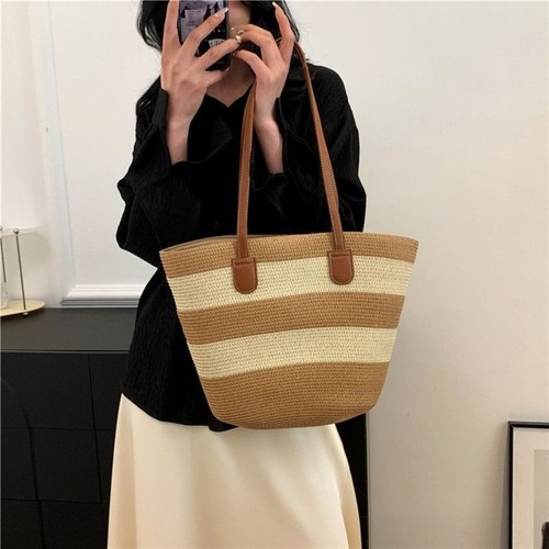 Stripe Tote Bag Square Vacation Beach Bag Fashion Woven Shoulder Bag