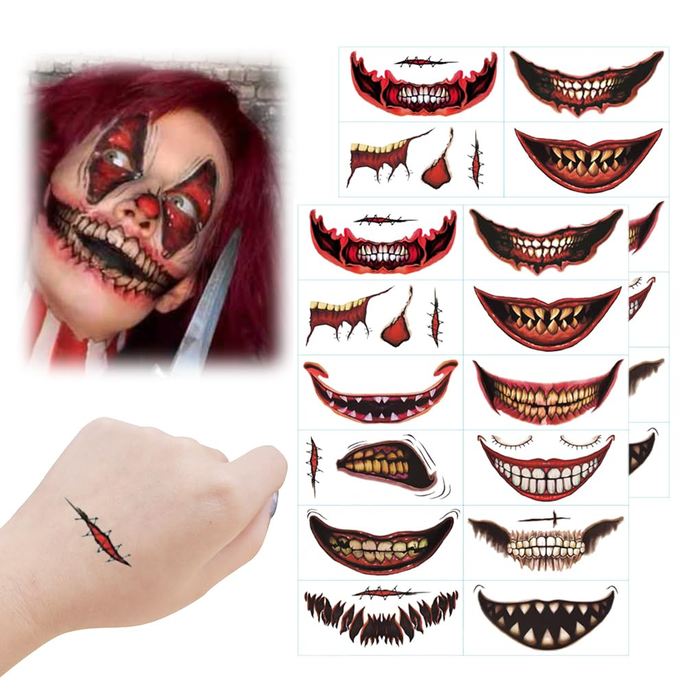 Halloween Prank Makeup Temporary Tattoo, 2024 New Halloween Clown Horror Mouth T