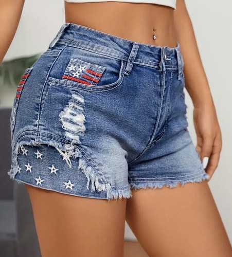 Women’s Sz Medium Distressed Denim American Flag Stretchy & Frayed Hem Shorts - Picture 12 of 13