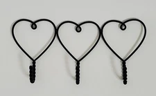 NEW 3 Hearts with Twisted Hooks Primative Black Metal Wall Hooks 8.25”W X 4”H