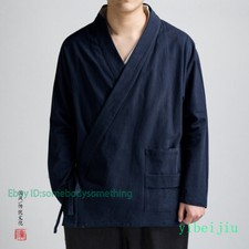 Chinese Tang Hanfu Men's Long Sleeve Shirts Top Retro Cotton Linen Jackets Robe