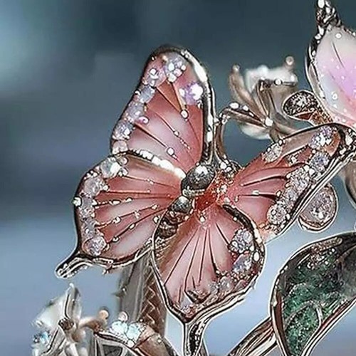 Ladies Adjustable Pink Vintage Ring Diamond Drop Butterfly Flower Ring{ - Picture 2 of 10