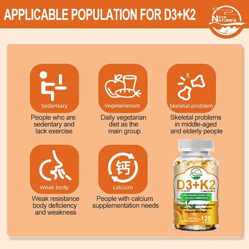 1X Vitamin D3 + K2 Supplement Softgels 120Caps for Bone Health Boost Energy New - Picture 5 of 8