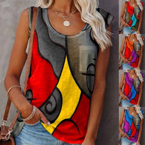 Printed vest strap Plus Size Sleeveless Ladies Vest Summer Summer T Shirt Tops - Picture 7 of 15