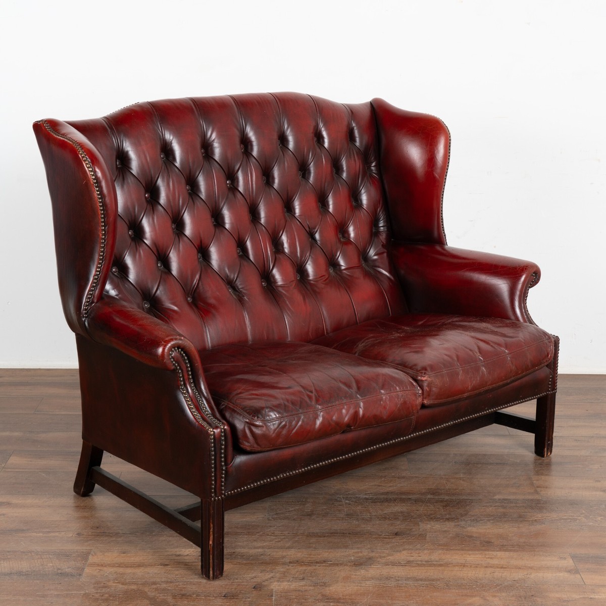 Vintage Red Leather Wingback Chesterfield Loveseat Double Chair