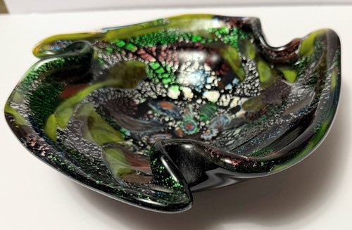 Murano Tutti Frutti Art Glass Italiano Argento Macchia Verde Nero Ciotola Piatto MCM - Foto 5 di 8