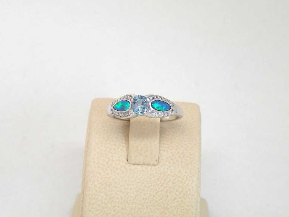  正品 Kabana 14k 白金戒指,优质蛋白石,海蓝宝石,钻石,尺寸 7  — 第 2/4 张图片