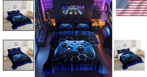 Twin Gamepad Comforter Set - Blue Geometric Reversible Bedding for Young Gamers - Picture 2 of 9