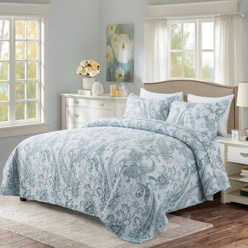 Quilt Set King Size - 3 Piece Bedspread Reversible Coverlet Blue Paisley Floral - Picture 2 of 7