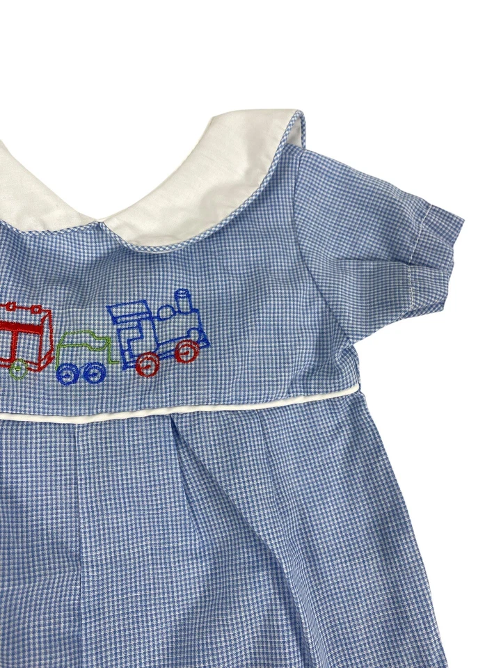 Mameluco bebé de una pieza trenes bordados vintage años 70 guinga Peter Pan 0-3M Foto 3 de 4