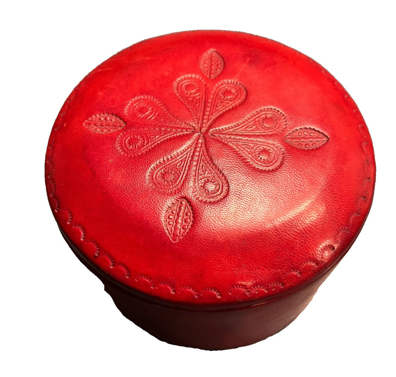 Red Round Tuareg Handcrafted Leather Jewelry /  Trinket Box Ethnic Tuareg Mali