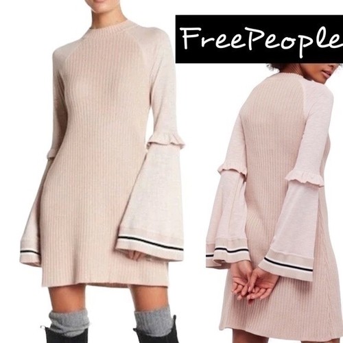 Free People Rippstrick Kleid Glockenärmel Mini Pullover Beige Medium