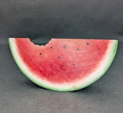 Lynn Signed Folk Art Hand Painted Wooden Watermelon Fruit Slice Bite Taken Out