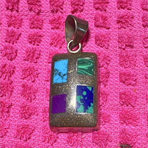 Signed Mexico 925 Sterling Silver Rectangle Multicolor Inlay Pendant Charm