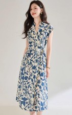 New Women's V neck Sleeveless Belt Floral Knee High Cotton Casual Dress Summer