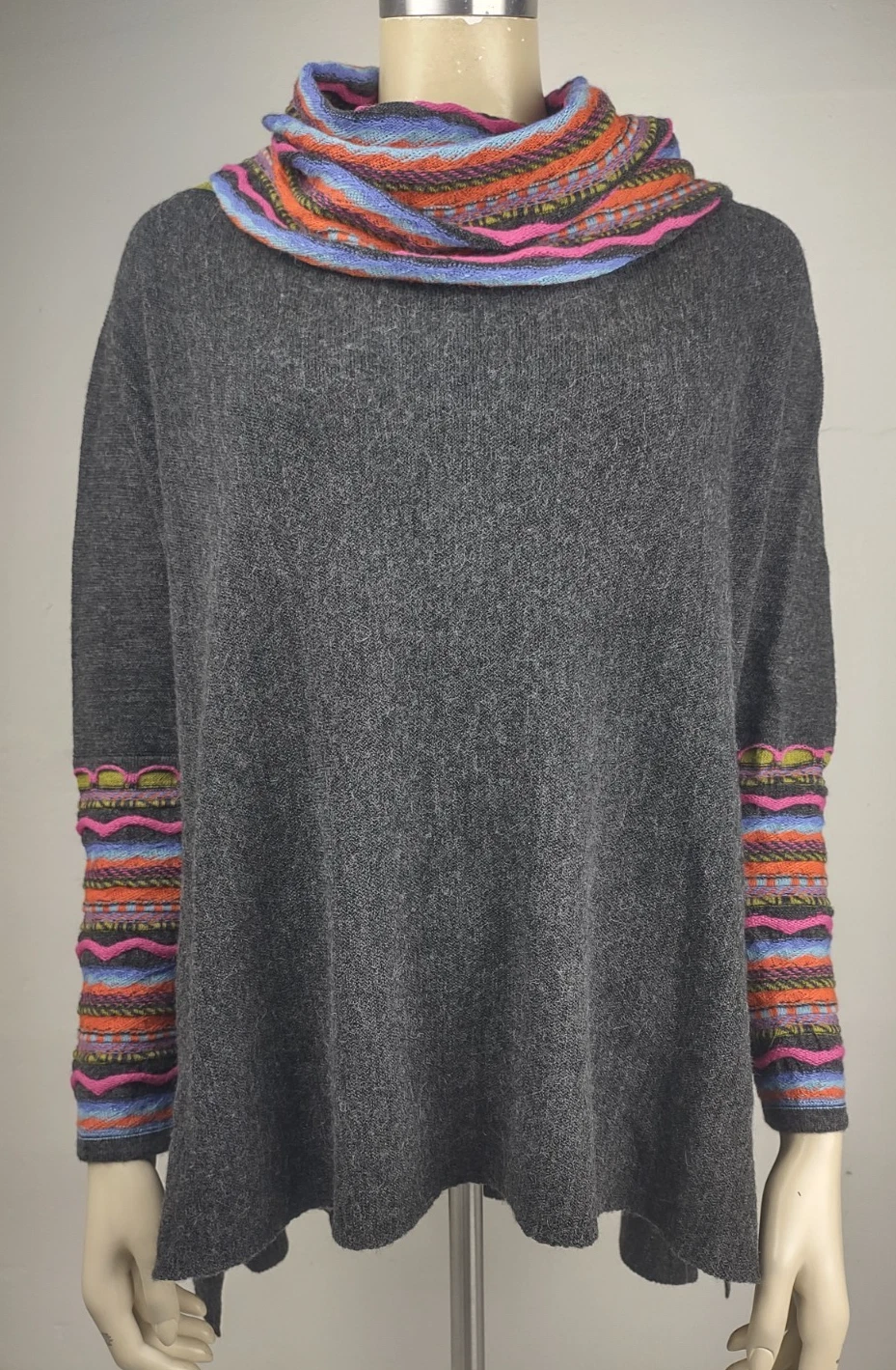 Qinti Baby Alpaca Cowl Neck Poncho sweater with Sleeves Gray Multicolor One Size