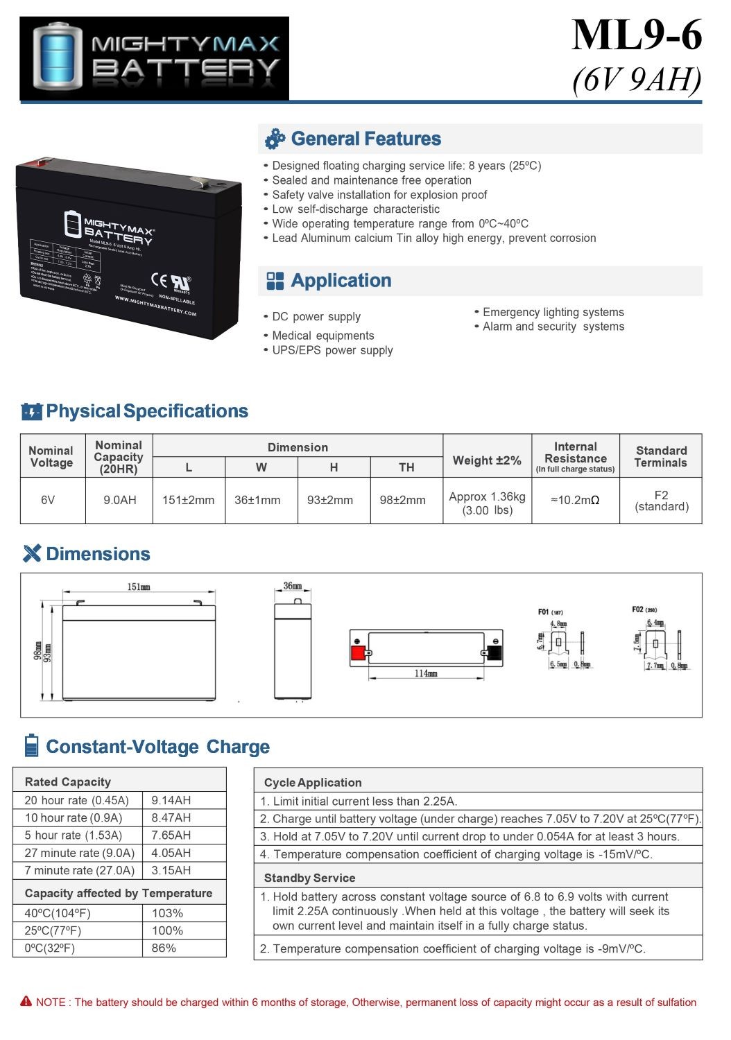 Mighty Max 6V, 9Ah, AGM, F2 Terminal, Battery Replaces Patrol ASLA0925 - 6 Pack