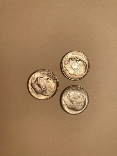 1955 P D S Roosevelt Dime BU Year Set 90% Silver 3 Coin Lot Uncirculated