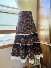 Vintage 70s Black Cotton Calico Prairie Skirt Hippie Boho Festival Xs
