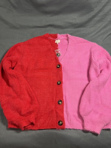 Dee Elly Cardigan Sweater Womens XL Red Pink Button Front Fuzzy Knit Two Tone