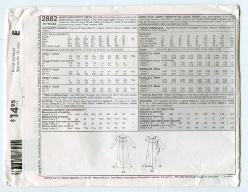 McCalls 2882 Empire Taille langes Kleid mit Ärmeloptionen Größe 14-18 ungeschnitten - Bild 2 von 3