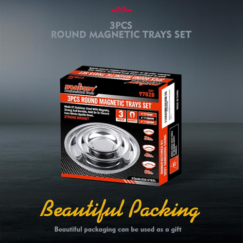 3-Piece Magnetic Tray Set Round Stainless Steel 3", 4", 6" Mechanic Parts Trays - Picture 2 of 12