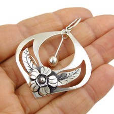 925 Sterling Silver Leaf Pendant Ladies Wide Curved Flower Taxco Design