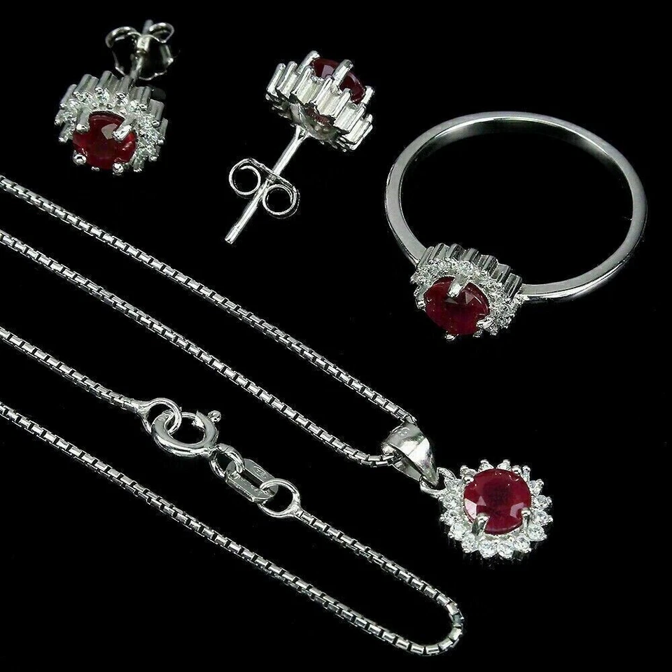 Silver Ruby Pendant Earring Ring Genuine Natural Gems Solid Sterling N 1/2  US 7 - Image 3 of 4