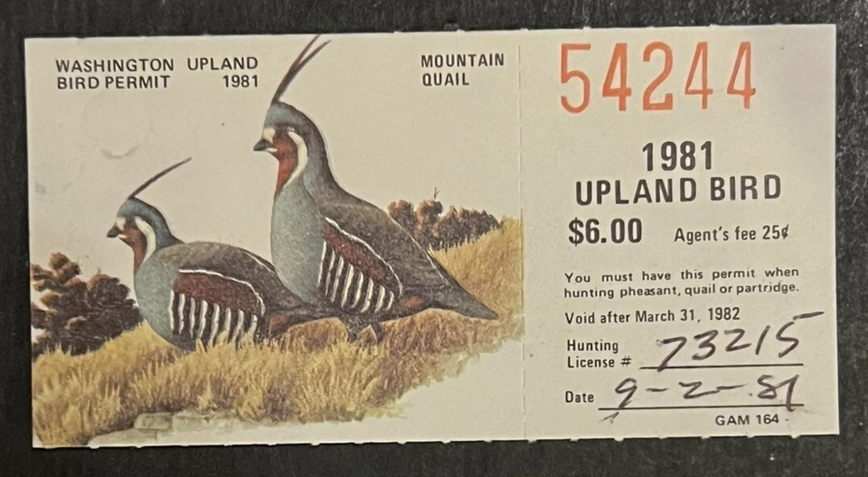 Travelstamps: 1981 US Washington Upland Bird Hunting Permit #WA-UB11 Used  - Image 2 of 4