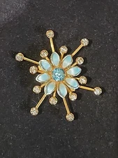 Vintage Blue & Gold Rhinestone Starburst Brooch Pendant Enamel & Sparkle!!