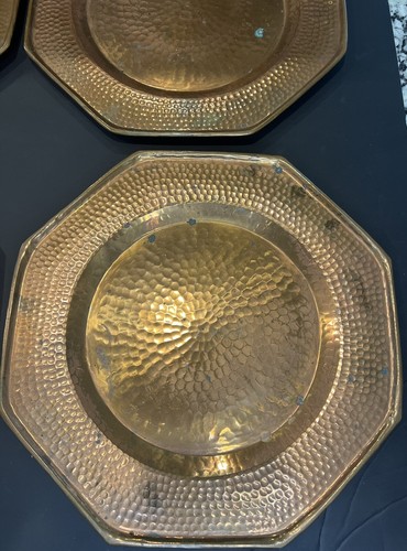 Vintage Hammered Copper Charger Octagonal Plates Set Of 7 - Picture 5 of 22