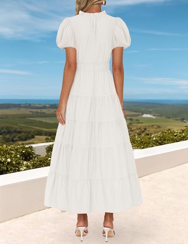 2025 Women’s Boho Maxi Dress V-Neck Puff Short Sleeve Tiered Flowy Beach Dress - Picture 78 of 81