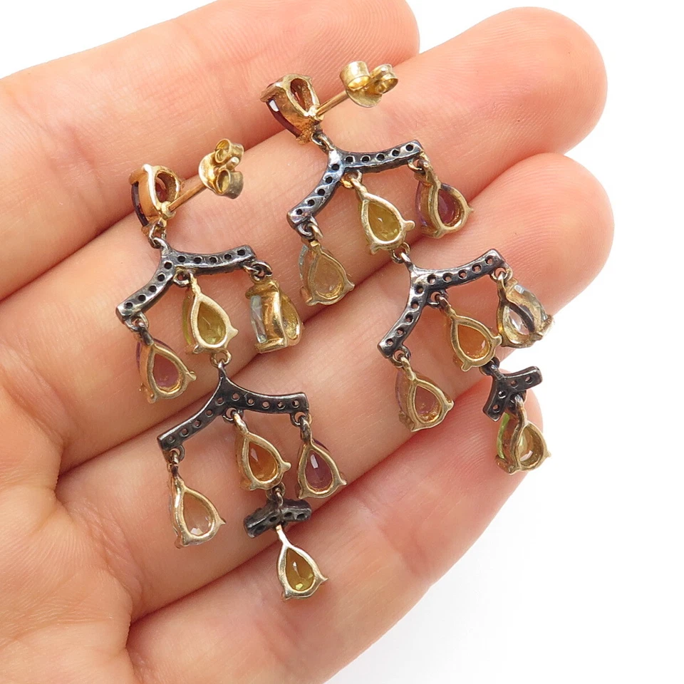 925 Sterling Silver Gold Plated Black Rhodium Real Diamond & Multi-Gem Earrings - Image 2 of 4