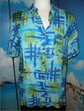 NEW by MARIA GABRIELLE, SHORT SLEEVE BUTTON FRONT SHIRT SIZE L, BLUE MULTI-COLOR