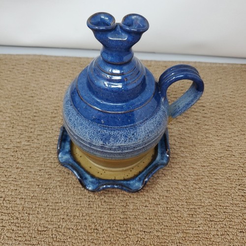 Paige studio stone pottery two wick handled oil lamp & Plate heavy - Picture 3 of 14