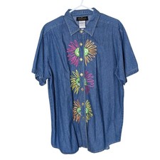 Vintage Bob Mackie Wearable Art Denim Shirt Embroidered Floral 90s Sz L festival