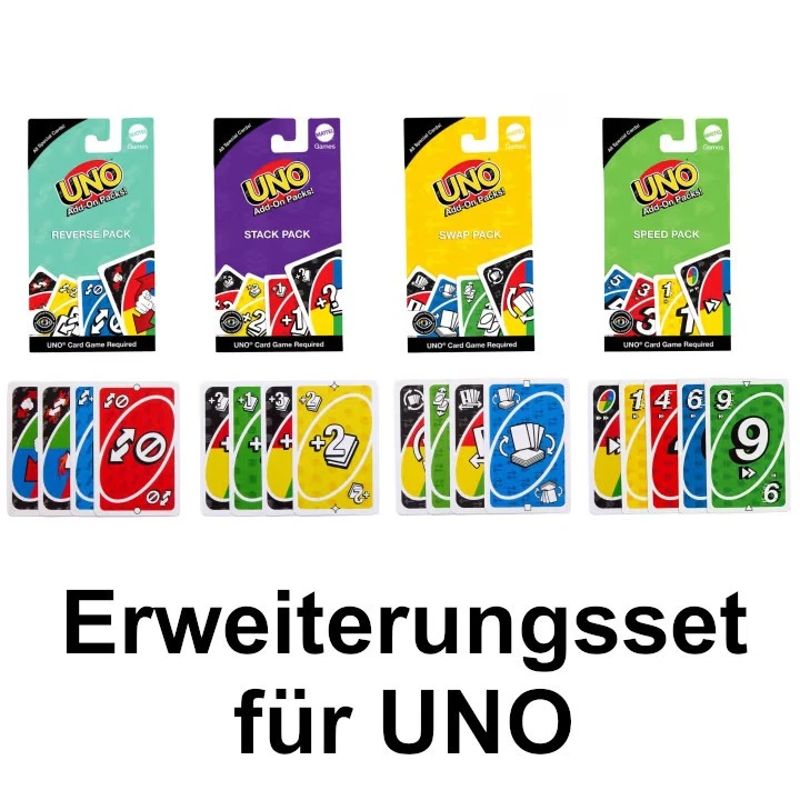 MATTEL UNO Erweiterung Karten Set Stapel Tempo Retour Tausch 16 Karten Sonderkarten NEU