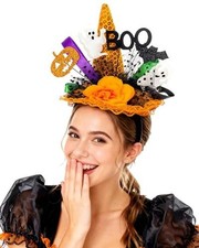 Halloween Hat Headband Witch Fascinator Orange Rose Flower with BOO Ghost Bat
