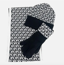 NEW BOXED MICHAEL KORS LOGO SCARF HAT GLOVE SET BLACK CREAM