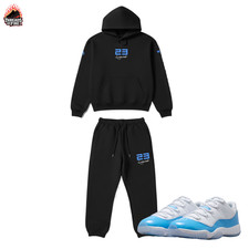 Men's Black Sky Blue Tracksuit 2pc Set Hoodie Pants To Match Jordan 11 Low UNC