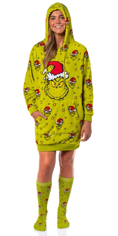 Dr. Seuss The Grinch Women's Hooded Plush Fleece Pajama Dorm Sleep Shirt - Image 2 of 4