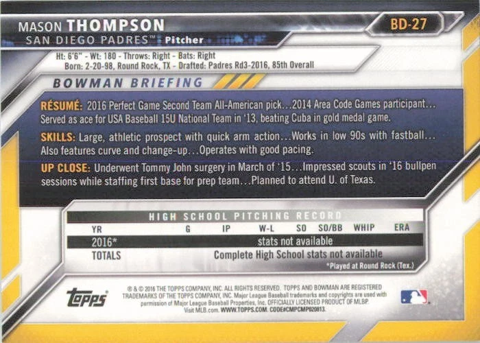 2016 Bowman Draft Baseball #BD-27 Mason Thompson San Diego Padres 1st Rookie - Image 2 of 2