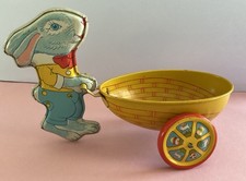 Vintage J Chein Tin Easter Bunny Pull Cart Basket Toy