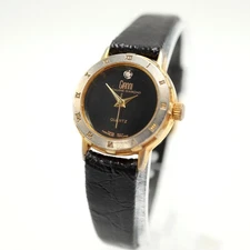 Vintage Gianni Womens Swiss Diamond 24mm Watch Black Leather w New Battery