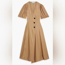 Tan Twill pleated Puff Sleeve Midi Dress SZ 8/38 NWT 🔥✨✨✨