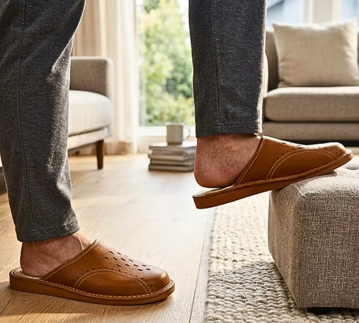 Herren Leder Hausschuhe Braun Latschen Pantoffeln Schlappen Pantoletten Gr.40-48